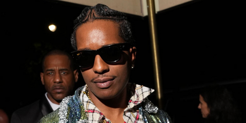 ASAP Rocky was seen wearing ASAP Rocky Blacked Out Collection Ray-Ban Mega Wayfarer RB 0840S 6826/J5 sunglasses at the Saint Laurent Met Gala Afterparty 2026 in New York City.
