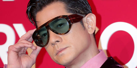 Aaron Kwok was seen wearing striped brown Tom Ford Bronson TF1044 56E sunglasses at the Tom Ford Beauty 'Cherry Collection' Asia Pacific opening in Seoul, April 2023
