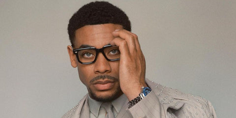 Aaron Pierre was seen wearing Cutler and Gross 1410 01 Black square optical glasses in the cover story of Man About Town, Spring/Summer 2024 issue