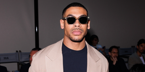 Aaron Pierre was seen wearing transparent grey Giorgio Armani AR8210U 6080/56 square sunglasses to attend the Giorgio Armani Spring/Summer 2025 fashion show during Milan Men's Fashion Week