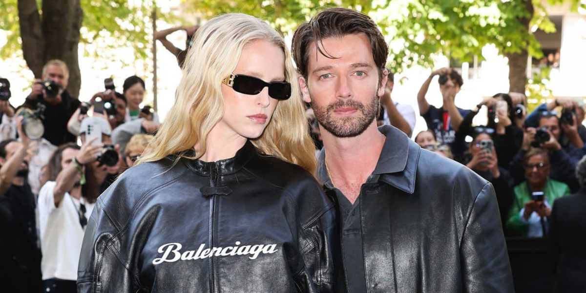 Model Abby Champion, pictured with fiancée Patrick Schwarzenegger, was seen wearing black Balenciaga BB0096S 001 rectangular sunglasses at the Balenciaga Haute Couture Fall/Winter 2025 fashion show during Paris Couture Week