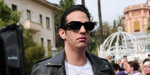 Italian singer Achille Lauro was seen wearing black Dolce&Gabbana DG4485 501/87 sunglasses at the Sanremo Music Festival 2025.