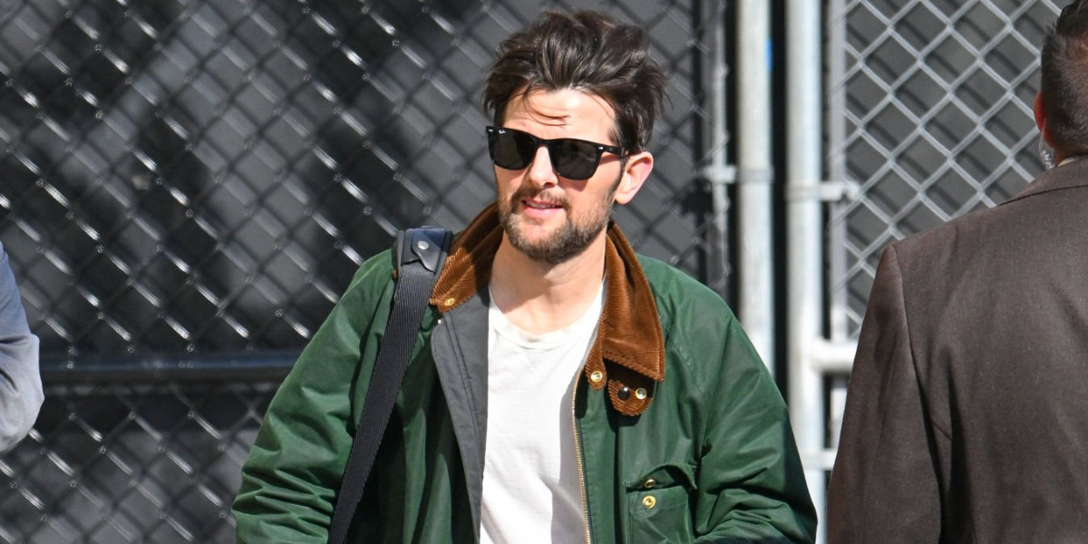 Severance actor Adam Paul Scott was seen wearing black Ray-Ban Blaze Wayfarer RB 4440N 601/71 sunglasses in Los Angeles, March 2025