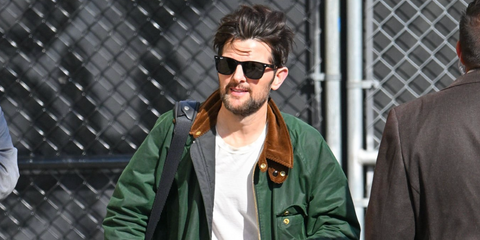 Severance actor Adam Paul Scott was seen wearing black Ray-Ban Blaze Wayfarer RB 4440N 601/71 sunglasses in Los Angeles, March 2025