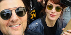 Adam Scott, pictured with fellow Severace actor Britt Lower, was seen wearing black Ray-Ban RB 3647N 002/58 Polarised round aviator sunglasses at the SAG-AFTRA strike