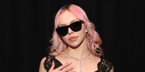 Slovak singer-songwriter Adela Jergova was seen wearing black Saint Laurent Sun SL 816 001 sunglasses at the Saint Laurent Grammy Awards 2026 after party.