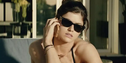 Alexandra Daddario is seen wearing Ray-Ban New Wayfarer RB 2132 901 sunglasses while filming 'San Andreas'