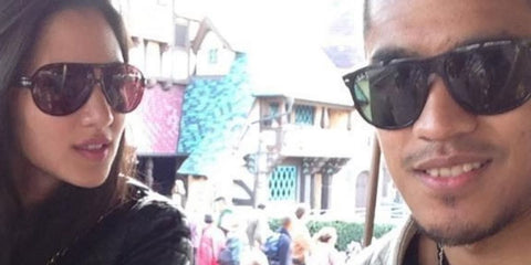 French footballer Alphonse Areola (pictured on the right) was seen wearing black Ray-Ban Boyfriend Two RB 4547 601/58 Polarised sunglasses in his wife's Instagram post, August 2024. Shop online now on Pretavoir