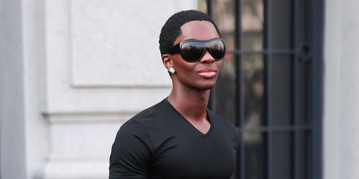 Supermodel Alton Mason was seen wearing black Gucci GG2168S 006 shield sunglasses at the Gucci Fall/Winter 2026 fashion show during Milan Fashion Week.