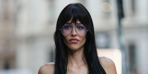 Model Amelia Gray Hamlin was seen wearing gold Gucci GG1654S 010 aviator sunglasses with clear lenses and Detachable Chain at the Gucci Spring/Summer 2026 fashion presentation during Milan Fashion Week. Shop online now on Pretavoir