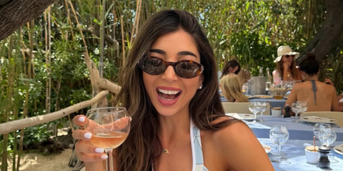 Creator Amelia Liana was seen wearing tortoise Saint Laurent SL 567 002 sunglasses in St. Tropez, shared through her Instagram post in July 2026.