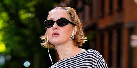 Russian-American actress Anastasia Fedko was seen wearing black Miu Miu MU B09S 16K08Z Reverie sunglasses in New York City, June 2026.