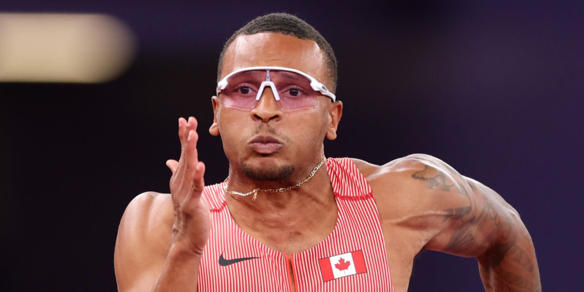 Canadian sprinter Andre De Grasse was seen wearing white Oakley Stunt Devil OO9517 07 sunglasses with  Prizm pink lenses at the World Athletics Championships Tokyo 2025. Shop online now on Pretavoir