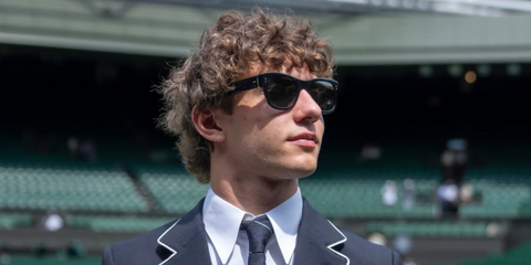 Italian Formula racer Andrea Kimi Antonelli was seen wearing black Dolce&Gabbana DG4338 501/87 square sunglasses at the Wimbledon Tennis Championship 2026