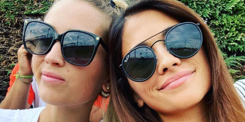 Lionel Messi's wife Antonela Roccuzzo, pictured on the right, was seen wearing black Ray-Ban RB 3647N 002/58 Polarised double bridge round sunglasses