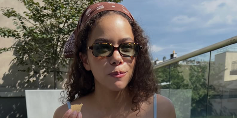 Antonia Gentry was seen wearing tortoise Miu-Miu MU 11ZS VAU04M rectangular sunglasses with green mirror lenses in her Instagram post, August 2026