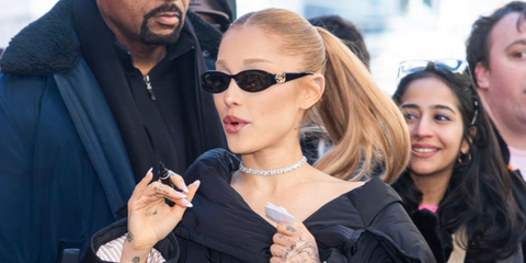 Ariana Grande was seen wearing black Gucci GG1660S 001 sunglasses in New York City, December 2024. Shop online now on Pretavoir