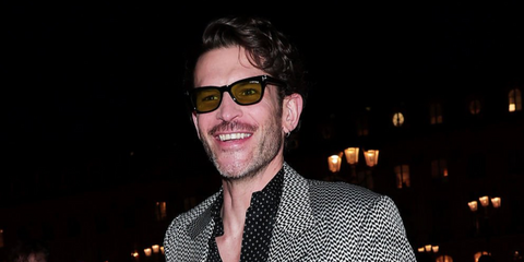 French actor Arnaud Valois was seen wearing black Tom Ford Penn-02 TF1362/S 01N sunglasses with light green lenses at the Tom Ford Fall/Winter 2026 fashion show during Paris Fashion Week.