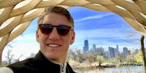 Bastian Schweinsteiger was seen wearing striped two-tone brown Oliver Peoples Finley Esq. OV5298SU 1409/R8 Photochromic sunglasses in his Facebook post