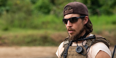 Actor Beau Knapp was seen wearing black Oakley Flak 2.0 XL OO9188 72 Prizm Polarised sunglasses in 2024 movie Long Gone Heroes.