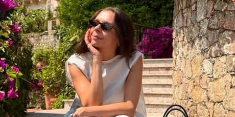 Actress Bel Powley was seen wearing tortoiseshell Miu Miu MU A06S 14L09Z sunglasses with brown lenses in Sicily, June 2025, shared on her Instagram. Shop online now on Pretavoir