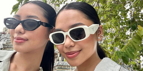 Filipina digital creator Bella Racelis (pictured on the right) was seen wearing white Prada PR 17WS 1425S0 Symbole sunglasses in her Instagram post, March 2024. Shop online now on Pretavoir