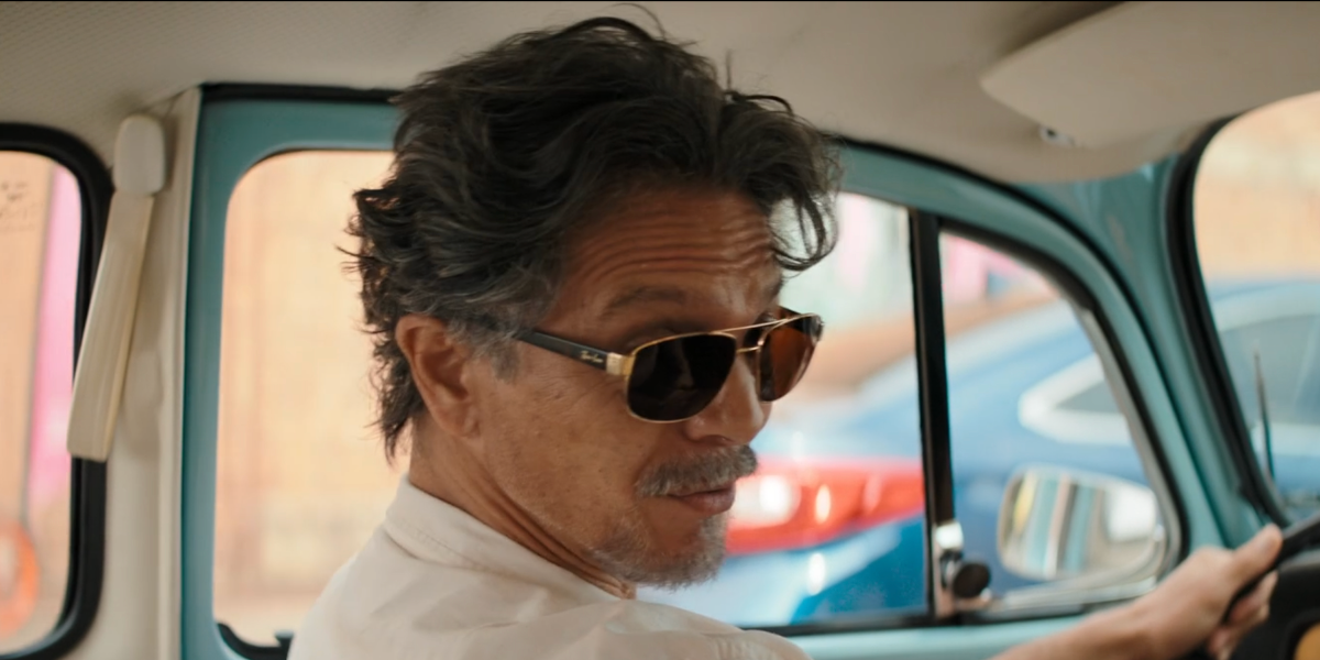Benjamin Bratt was seen wearing gold Ray-Ban RB 3663 001/57 sunglasses with brown Polarised lenses in 2026 comedy film "Ball's Up".