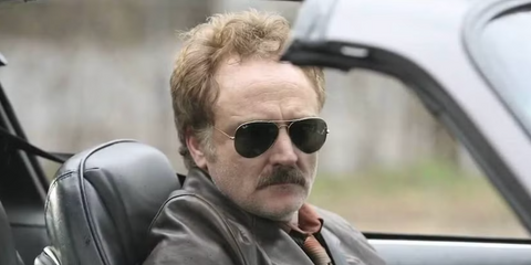 Actor Bradley Whitford was seen wearing gold Ray-Ban Aviator II RB 3026 L2846 sunglasses in 2010 series The Good Guys, as detective Dan Stark
