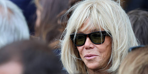 The First Lady of France Madame Brigitte Macron was seen wearing tortoise Ray-Ban Mega Wayfarer RB 0840S 902/4E sunglasses with green lenses at the funeral of Mathilde Favier in Paris, August 2026.