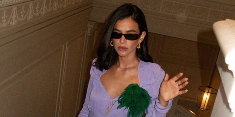 Brazilian actress and model Bruna Marquezine was seen wearing tortoiseshell Saint Laurent Sun SL 557 Shade 002 slim sunglasses in her Instagram post, October 2023. Shop online now on Pretavoir