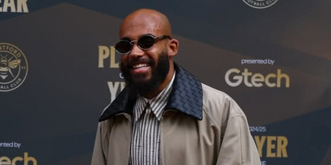 French-Cameroonian footballer Bryan Mbeumo was seen wearing gold Prada PR 65ZS ZVN09T oval sunglasses at the Brentford F.C. Player of The Year Award 2024/2025 in May 2025.