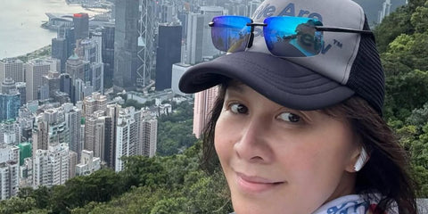 Hing Kong actress Carina Lau was seen wearing black Maui Jim Laulima AF B656-02 rectangular performance sunglasses with blue lenses in her Instagram post, August 2025. Shop online now on Pretavoir