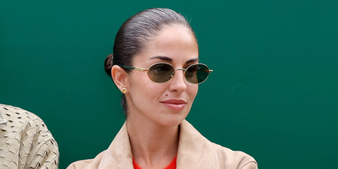Carmen Montero Mundt, girlfriend of Formula 1 racer George Russell, was seen wearing gold Bottega Veneta BV1470S 004 oval sunglasses during Day Six of the Rolex Monte-Carlo Masters 2026