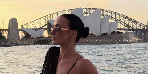 Australian model and television personality Casey Boonstra was seen wearing Miu Miu MU A51S 5AK50K rimless sunglasses with light grey lenses in her Instagram post, October 2025.
