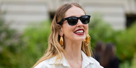 Chiara Ferragni was seen wearing black Ray-Ban Meta Wayfarer Gen 2 RW4012 601/71 Smart Glasses at the Schiaparelli Haute Couture Fall/Winter 2025 fashion show in Paris.