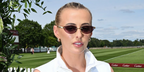 Footballer Chloe Kelly of Arsenal FC was seen wearing gold Cartier CT0543S 004 rimless cat-eye sunglasses with violet lenses at the Cartier Queens Polo Cup 2026 in Egham, England.