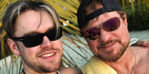 Glee actor Chord Overstreet (left) was seen wearing black Persol 2747S 95/48 sunglasses in his Instagram post, June 2024. Shop online now on Pretavoir