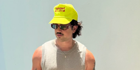 Actor Chris Galya was seen wearing red burgundy Gucci GG1660S 006 sunglasses in his Instagram post, May 2025.