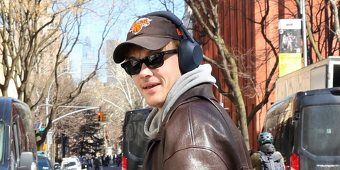 Celebrity actor Christopher Briney was seen wearing black Oliver Peoples Rosson Sun OV5540SU 1005/P2 Polarised sunglasses on the set of "Clashing Through The Snow" in New York City, March 2026.