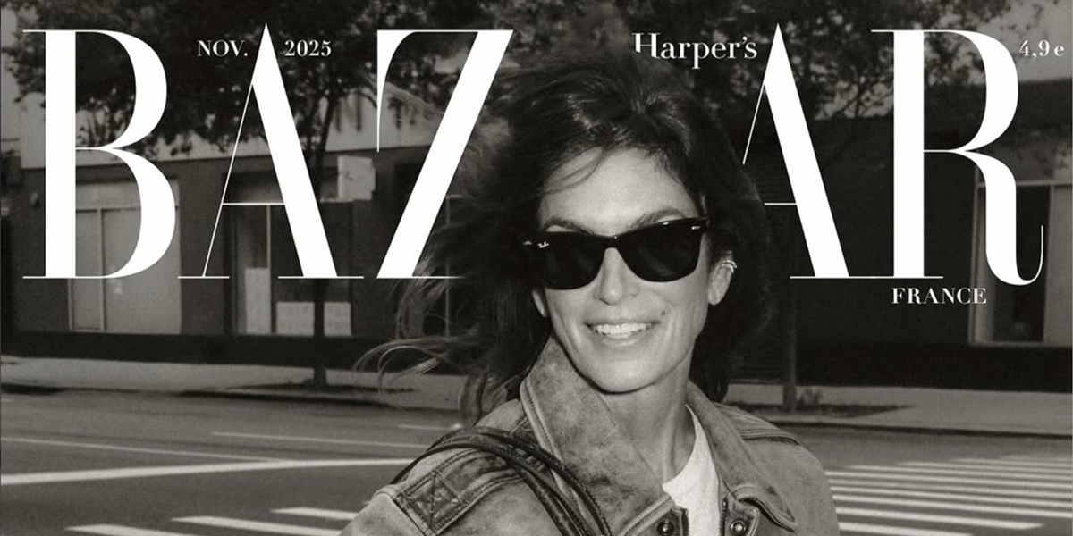 Cindy Crawford was seen wearing the iconic Ray-Ban Wayfarer 2140 901 Black sunglasses on the cover of Harper's Bazaar France, November 2025.