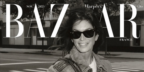 Cindy Crawford was seen wearing the iconic Ray-Ban Wayfarer 2140 901 Black sunglasses on the cover of Harper's Bazaar France, November 2025.