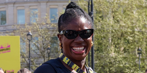 Radio broadcaster and television presenter Clara Amfo was seen wearing black Versace 4488U GB1/87 cat eye sunglasses at the London Landmarks Half Marathon, April 2026.