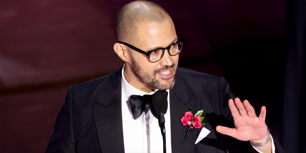 Cord Jefferson was seen wearing black Oliver Peoples Cary Grant OV5413U 1492 round optical glasses to attend the 2024 Academy Award and receive his Oscar