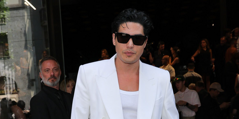 Italian actor Cristiano Caccamo was seen wearing black Dolce&Gabbana DG4465 501/87 square sunglasses at the Dolce & Gabbana Menswear Spring/Summer 2026 fashion show during Milan Men's Fashion Week