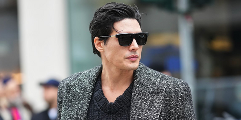 Italian actor Cristiano Caccamo was seen wearing black and gold Dolce&Gabbana DG4521 501/1 sunglasses at the Dolce & Gabbana Menswear Fall/Winter 2026 during Milan Men's Fashion Week.