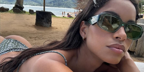 Brazilian model Daiane Sodre was seen wearing transparent green Prada PR 17WS 19Z1I0 Symbole sunglasses with green lenses in her Instagram post, February 2025.