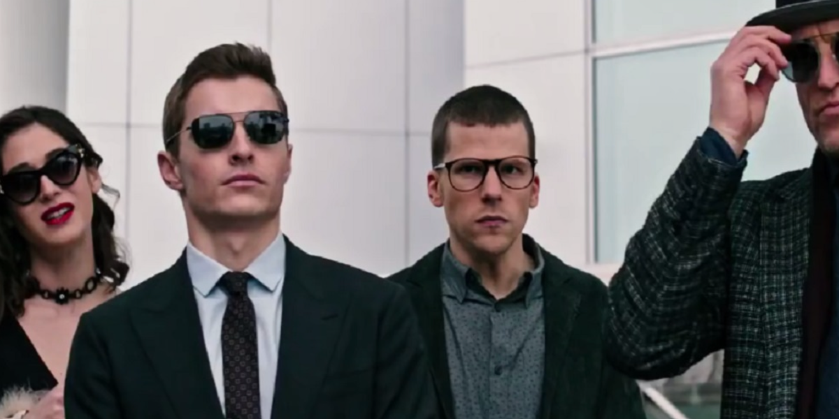 Dave Franco (pictured second from left) was seen wearing Ray-Ban RB 3796 002/B1 sunglasses in "Now You See Me 2"