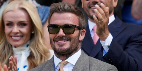 David Beckham was seen wearing tortoiseshell David Beckham DB 1222/S P65UR sunglasses with grey lenses at the Wimbledon Tennis Championships 2026