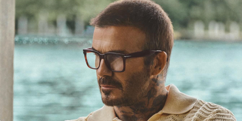 David Beckham was seen wearing brown horn David Beckham DB 1237 EX4 optical glasses in the David Beckham Eyewear Spring 2026 campaign.