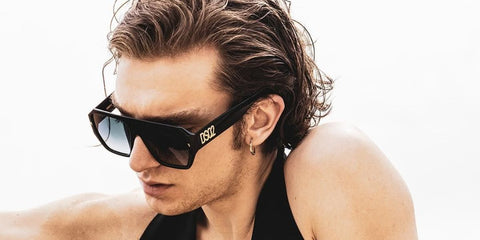 Italian actor Domenico Cuomo was seen wearing black Dsquared2 D2 0128/S 8079O sunglasses in the Dsquared2 Spring/Summer 2024 campaign. Shop online now on Pretavoir